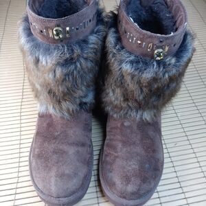 UGG VILET BROWN SUEDE SHEEPSKIN TOSCANA Faux Fur CUFF CRYSTAL BLING BOOTS, US wo